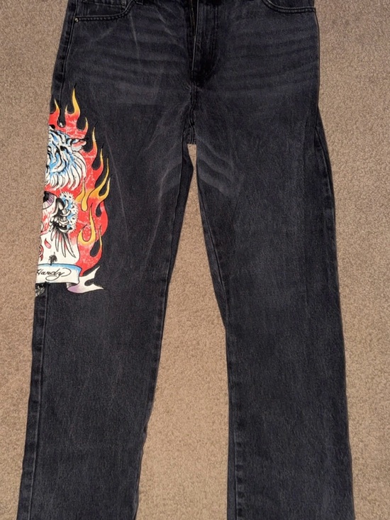 Ed Hardy Denim - Ed Hardy Black Wide Leg Jeans with Flame Skull Graphic